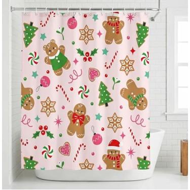Imagem de Frienda Conjunto de cortina de chuveiro de Natal rosa fofo homem de gengibre bengala doce árvore de Natal floco de neve cortina de chuveiro de banheiro com ganchos inverno feliz tecido decorações de
