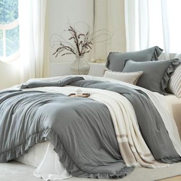 Imagem de softpage Conjunto de cama solteiro com babados cinza, pré-lavado, chique, leve, cottagecore, macio, romântico, aconchegante, 1 edredom e 1 fronha, todas as estações