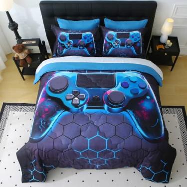 Imagem de Wajade Jogo de cama geométrico com console de jogos 3D azul para meninos, 7 peças, tamanho solteiro para aniversário, com edredom, lençol e fronha