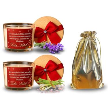 Imagem de Aromas de Luz Velas Aromáticas Natalinas, Lavanda e Capim Limão, Cera de Coco, 100g, Conjunto com 2 Unidades, Vidro Cilíndrico com Tampa de Madeira, Decoração com Laço Vermelho, Mensagem Natalina