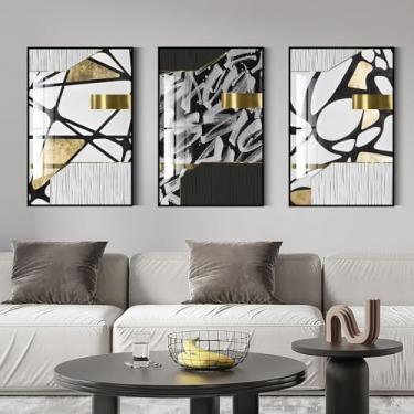 Imagem de QKF Decoração de parede geométrica abstrata brilhante extra grande, arte de parede minimalista moderna em preto e branco, adequada para quarto, sala de estar, banheiro, escritório, impressão de pôster