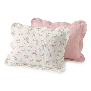 Imagem de Wimist Fronhas infantis para travesseiro de 33 x 45 cm, pacote com 2, capas de musselina para bebês e crianças pequenas com fecho de envelope (babados rosados, 33 x 45 polegadas)