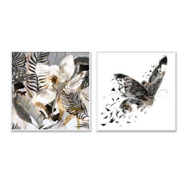 Imagem de Kit 2 Quadros Decorativos Natureza Borboleta em Movimento 72x72cm com Vidro e Moldura (Gano, Madeira Laqueada, 72, centímetros, 72, centímetros)