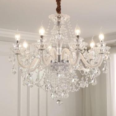 Imagem de Lustre de cristal de luxo europeu sofisticado, estilo palácio francês - Luminária de cristal para sala de estar, sala de jantar e quarto de villa duplex (8 lâmpadas)