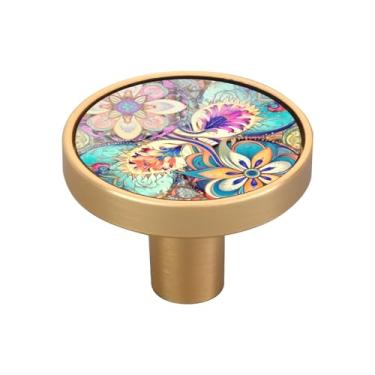 Imagem de Blueangle Pacote com 4 puxadores de armário de azulejos têxteis orientais coloridos 3 cm puxadores redondos de gaveta para cômoda e armários de cozinha (440)