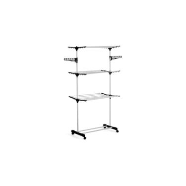 Imagem de Varal de Pé Triplo com Rodinhas, Aço Inox e Polipropileno, Azul, 64cm x 170cm, Dobrável, com Regulagem de Altura e Suporte para Sapatos