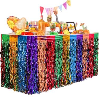 Imagem de YANQINQIN 4 peças de saias de mesa com franjas metálicas arco-íris – decoração de mesa com design ondulado para aniversário, férias, casamento, noivado, festa