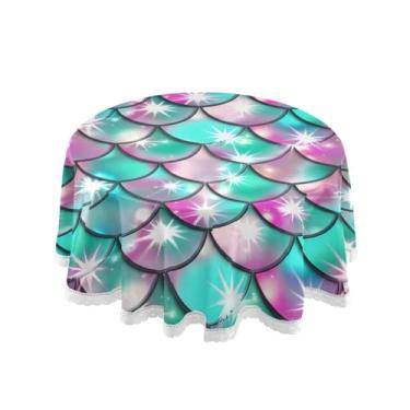 Imagem de Qilmy Linda toalha de mesa redonda de escamas de sereia 152 cm, resistente à água, à prova de derramamento, capa de mesa grande para jantar de reunião de família em ambientes internos e externos