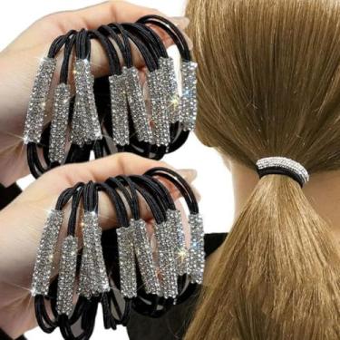 Imagem de 5 peças de laço de cabelo de strass brilhante diamantes de alta elasticidade faixas de cabelo pretas cordas elásticas para cabelo feminino, 5 cm de diâmetro