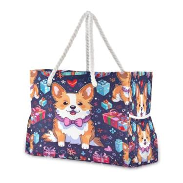 Imagem de Wassud Bolsa de praia pequena para cães corgi grandes bolsas de praia para mulheres, impermeável, à prova de areia, bolsa de viagem com zíper e bolso para piscina, academia, acampamento