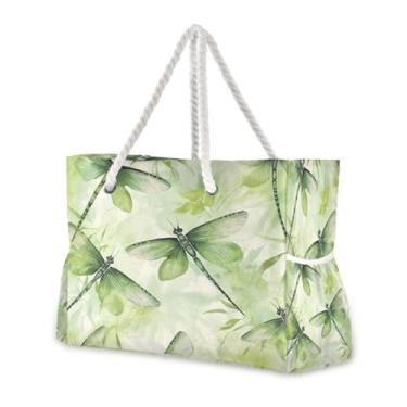 Imagem de Wassud Bolsa de praia grande para mulheres, libélulas verdes, impermeável, à prova de areia, bolsa de viagem com zíper e bolso para piscina, academia, acampamento