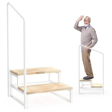 Imagem de yeezoo Banco de Dois Degraus com Alça, Degraus para Cama Alta E Lugar para Adultos E Idosos, Suportes de Metal com Degraus de Madeira de Pinho Maciço (Capacidade de Carga de 650 Libras, Branco)