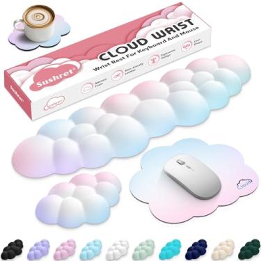 Imagem de Sushret Cloud Apoio de Pulso para Teclado de Computador, Conjunto 4 em 1 com Espuma de Memória e Couro, Mouse Pad com Suporte Ergonômico para Braço e Palma, Ideal para Jogos e Trabalho