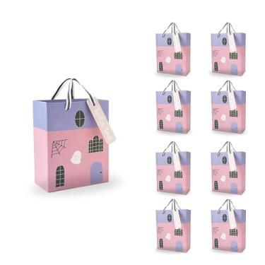 Imagem de Cheerland Sacos de papel para lembrancinhas de festa de Halloween rosa pastel roxo casa caçada fantasma Halloween sacos de doces ou travessuras para aniversário assustador chá de bebê cosplay sacos de