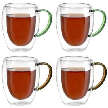 Imagem de Kit Conjunto 4 Xícaras de Vidro Borossilicato Parede Dupla 350ml Transparente com Alça Colorida - 2 Marrom e 2 Verde