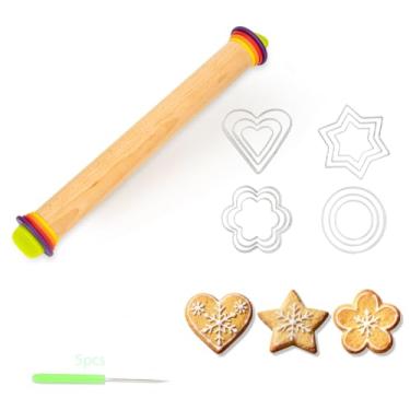 Imagem de Rolo de massa de madeira para assar, com 5 anéis de espessura e 12 cortadores de biscoito de aço inoxidável, rolo multifuncional ideal para cozinha doméstica, perfeito para assar, pizza, torta