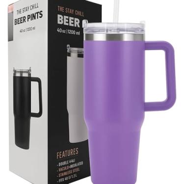 Imagem de Copo Térmico Grande 1200ml de Aço Inoxidável com Alça, Parede Dupla, Tampa com Canudo, Isolamento Térmico, Cilíndrico, Moderno roxo liso