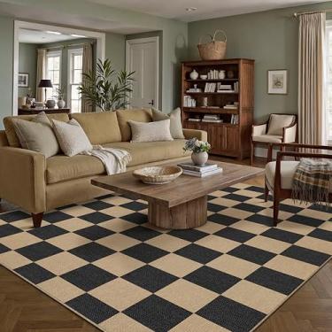 Imagem de PureCozy Tapete quadriculado de juta fácil de 15 x 23 cm, tapete de área lavável, tapete geométrico neutro para área externa, quadriculado, antiderrapante, antiderrapante, para sala de jantar, sala de