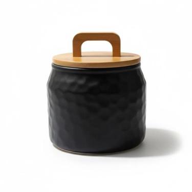 Imagem de Pote Organizador Cerâmica Stoneware Alça Bambu 700Ml Preto - Ricca Hou