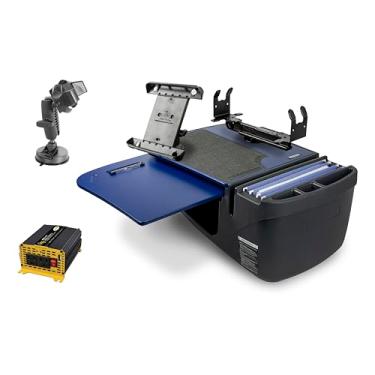 Imagem de AutoExec Mesa de carro GripMaster para sua estação de trabalho de veículo e escritório móvel, azul, com inversor de potência de 400 watts, suporte para tablet, suporte de impressora e suporte de