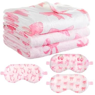 Imagem de Fanfanwin 6 peças de artigos de festa do pijama para meninas, 3 cobertores de laço rosa e 3 máscaras de pelúcia para os olhos para dormir, dormir, festa de spa, aniversário, Natal, Dia dos Namorados