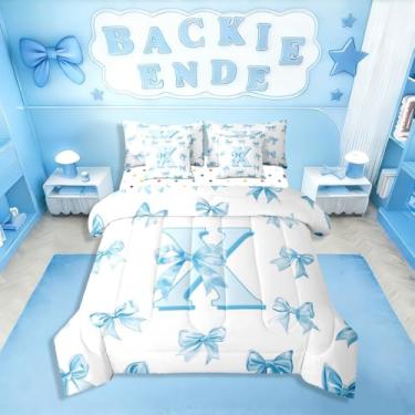Imagem de Erosebridal Conjunto de edredom infantil com laço azul, princesa, tamanho solteiro, 7 peças, para meninas e adolescentes, personalizado, letra X, lençol em uma bolsa, fofo, monograma kawaii, conjunto