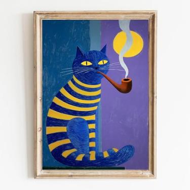 Imagem de BACJUOPLDArt Arte de parede de gato fumando impressões de arte de gato engraçadas imagens de animais fofos decoração de parede animal fumando arte de parede para sala de estar quarto 40 x 61 cm sem