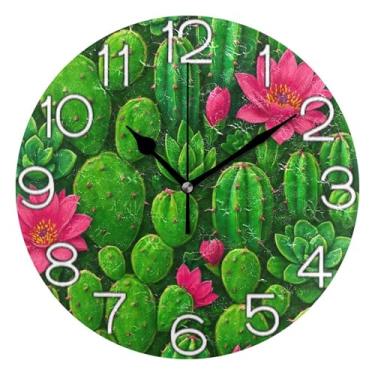 Imagem de Relógio de parede analógico decorativo funky alimentado por bateria relógio de escritório cozinha, decoração moderna de meados do século cactos suculentas flores verde, 25 cm, ponteiros pretos