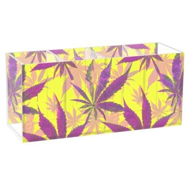 Imagem de TSENQUE Porta-lápis de mesa com desenho de folhas de bordo roxas, amarelo, acrílico, fofo, organizador de lápis, canetas, marcador, arte, organizador de escritório para decoração de mesa