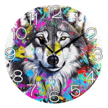 Imagem de GAIGEO Relógio de parede analógico decorativo escritório cozinha relógio redondo sem tique-taque silencioso, retro moderno art déco decoração de parede, lobo manchas coloridas preto, 25 cm, ponteiros