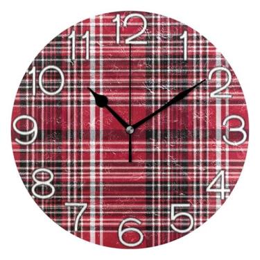 Imagem de GAIGEO Relógio de parede decorativo analógico redondo sem tique-taque silencioso relógio de cozinha rústico, arte de parede moderna legal decoração de casa xadrez vermelho preto clássico, 25 cm