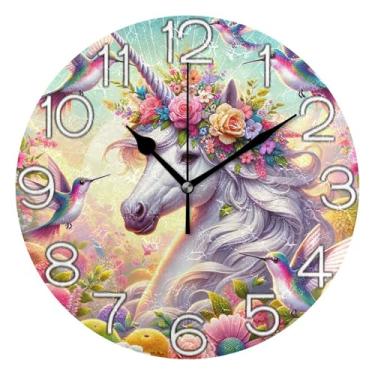 Imagem de GAIGEO Relógio de parede decorativo analógico escritório cozinha operado por bateria, decoração de parede vintage, sala de estar, animal colorido de unicórnio, 25 cm, ponteiros pretos