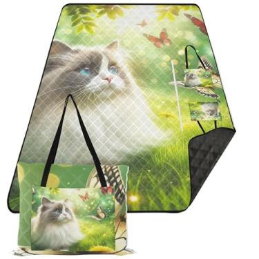 Imagem de TSENQUE Lindo cobertor de praia com estampa de gato Ragdoll à prova de areia, à prova d'água, tapete para brincar ao ar livre, tapete dobrável, cobertor de piquenique 203 x 152 cm