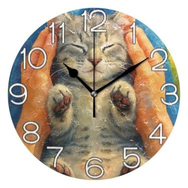Imagem de GAIGEO Relógio de parede analógico decorativo relógio de cozinha rústico redondo sem tique-taque silencioso, decoração de parede de casa de fazenda moderna, gato fofo, animal vibrante, vívido, 25 cm
