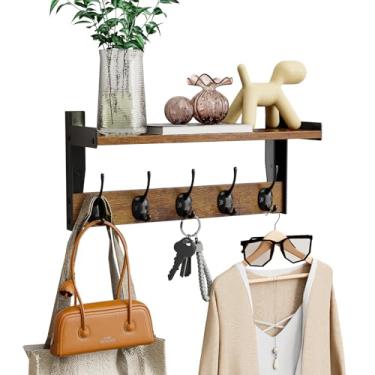 Imagem de FNBAR Ganchos de parede com prateleira, cabideiro de madeira com prateleira montado na parede, prateleiras suspensas de entrada com 5 ganchos de metal para roupas, chapéus, bolsa de toalha, roupões