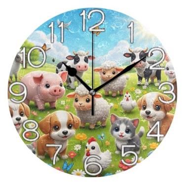 Imagem de GAIGEO Lindo relógio de parede analógico decorativo animais de fazenda gato cachorro relógio de cozinha rústico funky alimentado por bateria, decoração de parede moderna para sala de estar, 25 cm