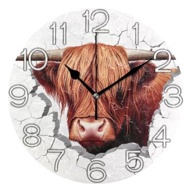 Imagem de GAIGEO Relógio de parede analógico decorativo funky alimentado por bateria relógio de cozinha rústico, sala de estar decoração de parede moderna marrom vaca highland animal branco, 25 cm, ponteiros