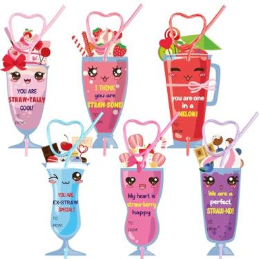 Imagem de 36 pacotes de cartões de dia dos namorados com canudos, cartões de presente de dia dos namorados com canudos loucos para crianças, colorido, cartão de intercâmbio, canudo, reutilizável para meninas