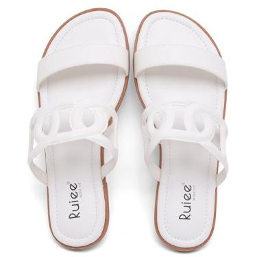 Imagem de Ruiee Sandálias rasteiras femininas de largura larga, sandálias de verão casuais de pés largos, sandálias deslizantes com tira confortável, sapatos de praia abertos para mulheres., Branco PU 8007, 7.5