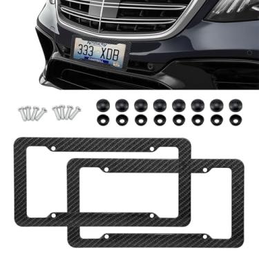 Imagem de JYIS 2 molduras de placa de veículo, capa de placa de licença com fixadores e parafusos, moldura de placas de licença de fibra de carbono, capa universal de etiqueta de carro para frente e traseira