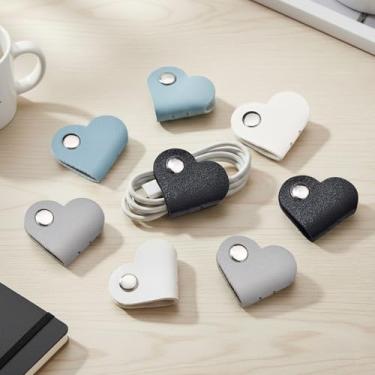 Imagem de Suporte de cabo em forma de coração, pacote com 8 - organizador de cabos de couro, clipes de gerenciamento de cabos de mesa para fios de fone de ouvido, escritório e casa