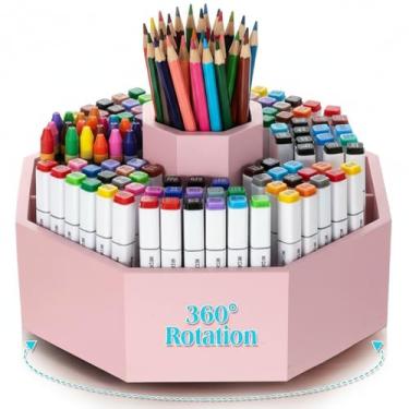 Imagem de Fiwochic Suporte de lápis giratório de bambu, organizador de arte, organizador de canetas pastel, rotação de 360°, presentes para armazenamento de mesa de Natal, giz de cera, canetas, lápis, pincel de