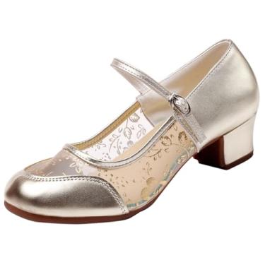 Imagem de Sapatos femininos de dança latina para treino adulto chiffon transparente salto médio tamanho grande moderno, Dourado, 36