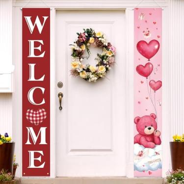 Imagem de Faixa de porta do dia dos namorados de 180 x 30 cm – Banners para pendurar na porta de balão de coração vermelho e rosa com lindo ursinho de pelúcia, presentes e nuvens para decoração romântica de