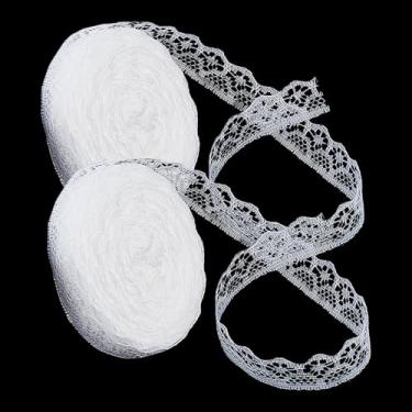 Imagem de letsinstyle 2 rolos de acabamento de renda branca de 36 metros, fita de renda floral de crochê de 0,59 polegadas, acabamentos de borda recortada vintage para embrulho de presente, artesanato faça você