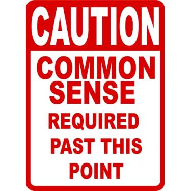 Imagem de Caution Common Sense Required Past Thie Point Placa de metal em latão para ambientes externos e internos 30,5 cm x 20,3 cm