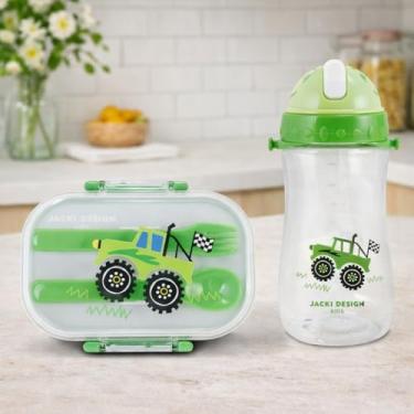 Imagem de Kit Pote Lancheira de 400ml e Garrafa 460ml Infantil Para Levar a Merenda Escolar Piquinique Lanche da Tarde Armazena Alimento e Bebidas (Verde Trator)