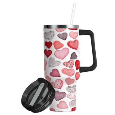 Imagem de ATTX Copo colorido em forma de coração de 850 g com alça, copo de aço inoxidável a vácuo de parede dupla com palha, caneca de café de viagem isolada #117