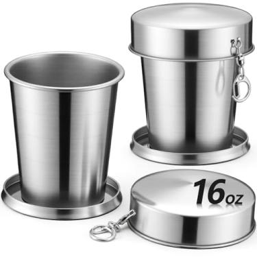 Imagem de Yiyiring Pacote com 2 copos dobráveis de aço inoxidável 304 de 473 ml, copo dobrável de viagem com tampa e chaveiro, caneca de acampamento reutilizável e embalável para acampamento, caminhada