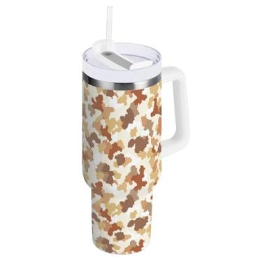 Imagem de SEHANY Copo de vaca marrom e branco de 850 g com alça, copo isolado de aço inoxidável a vácuo de parede dupla, à prova de vazamento, caneca de café isolada para viagem cabe no suporte de copo de carro